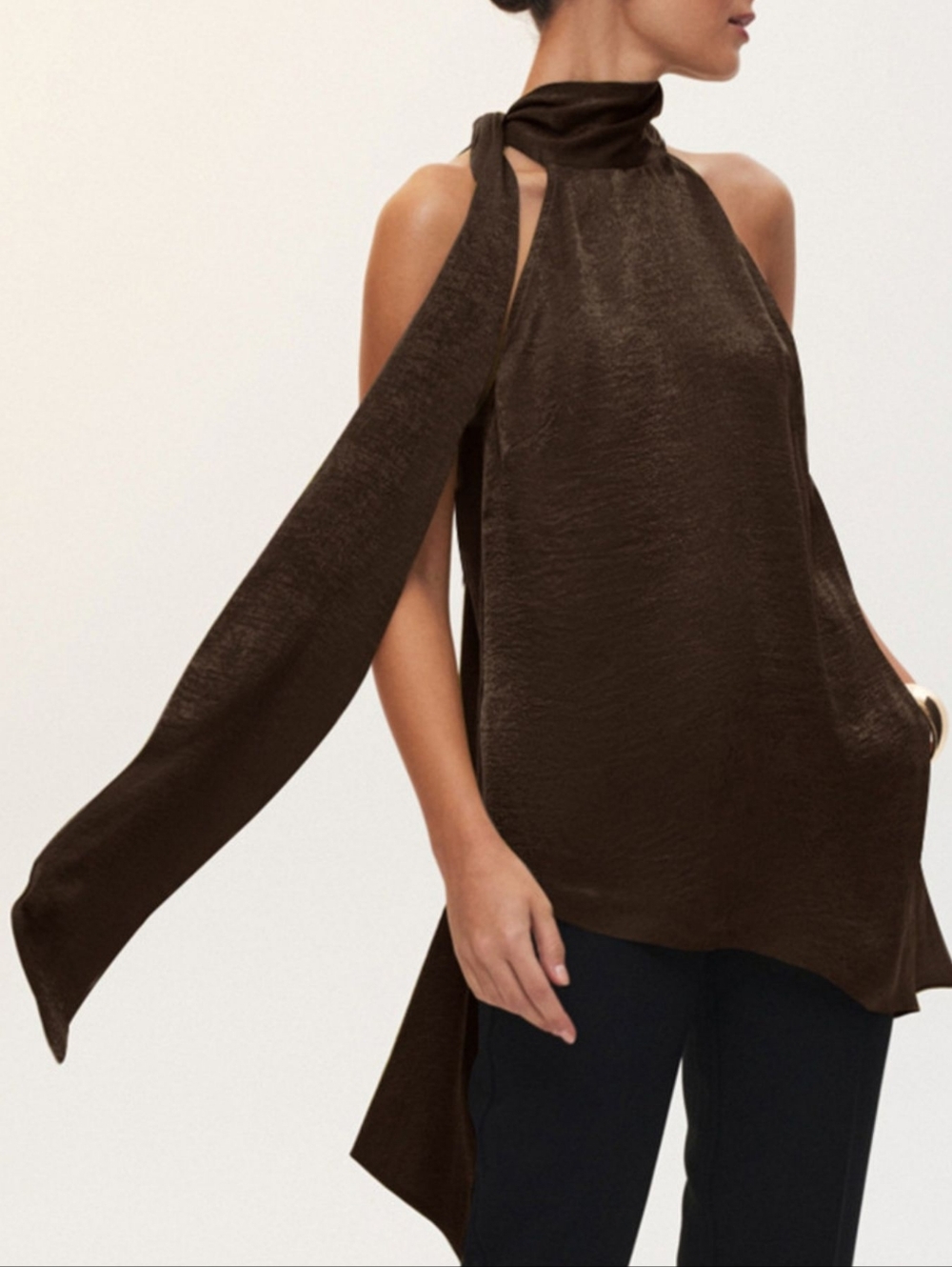 High-Neck Tie Halter Top - Chocolate Brown - Picture 9 of 12